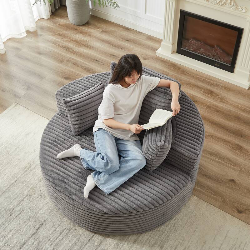 Corduroy Upholstered Single Sofa, Oversized Fluffy Round Sofa, Single Sleeper Reading Chair with Armrest & Pillow