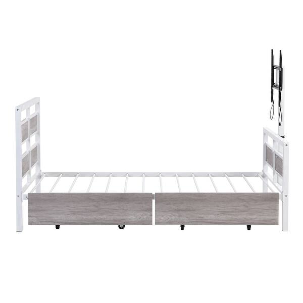 Twin Size Metal Platform Bed with Two Drawers and Rotatable TV Stand