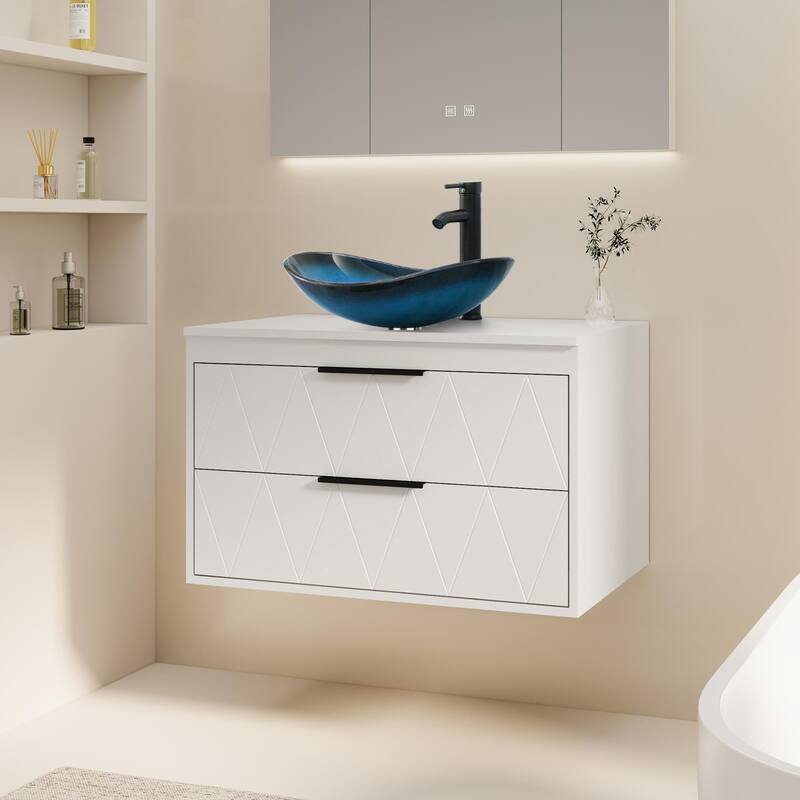 Modern Wall Mounted Bathroom Vanity Set with Vessel Sink & Faucet - white-30 in - 30-1 Glass blue boat sink