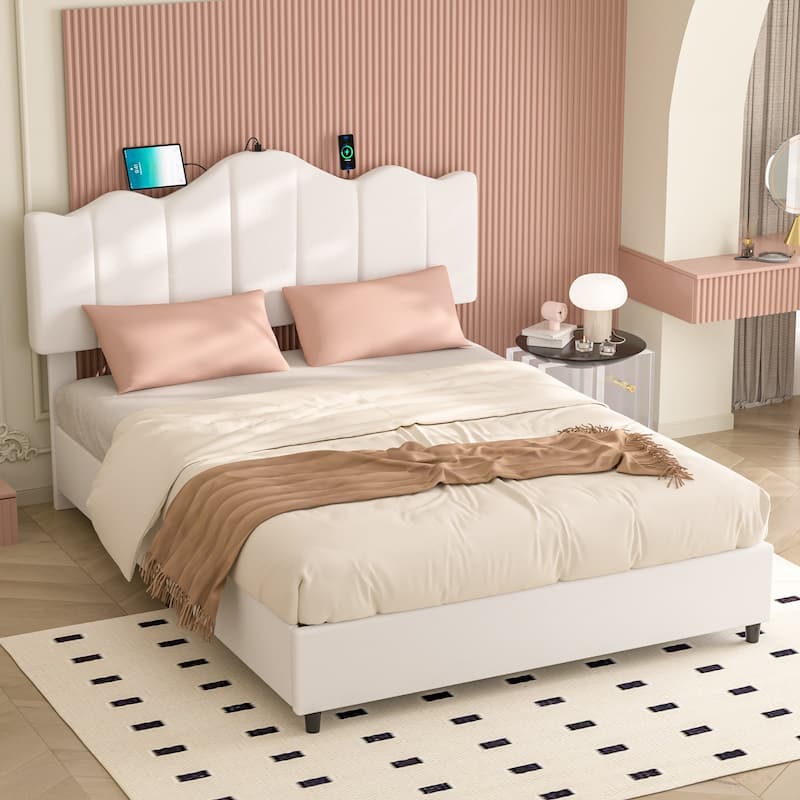 VECELO Platform Bed Frame with Type-C & USB Charging Stations, Upholstered Adjustable Headboard, Strong Wooden Slats Support