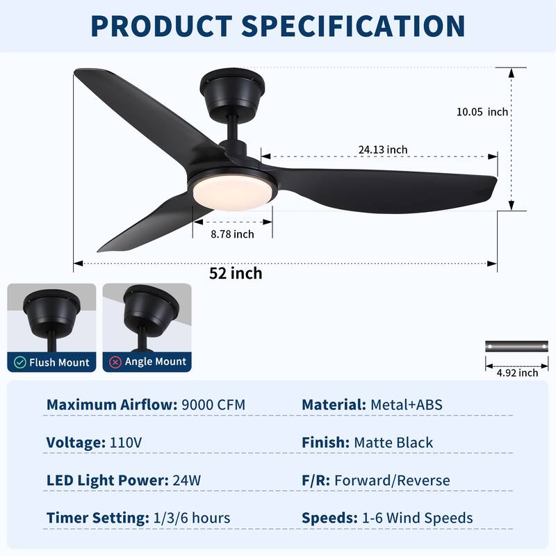 52 Inch Outdoor Waterproof Black Ceiling Fan with Light, IP66 Rated, Quiet Reversible DC Motor, 6 Speeds