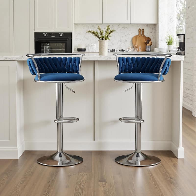 Velvet Upholstered Adjustable Bar Stool Swivel Counter Chair Set of 2 - Navy Blue/Silver - Set of 2