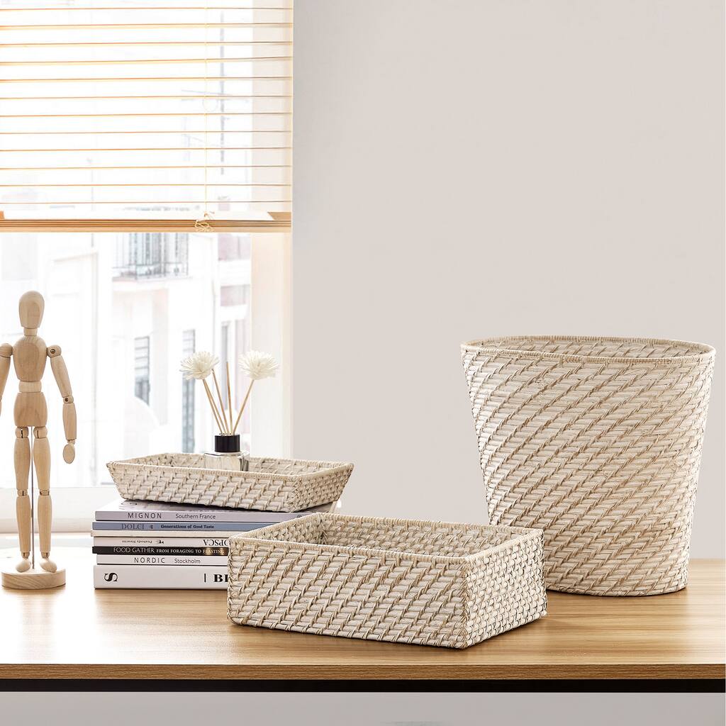 Set of Three Hapao Weave Rattan Bath Storage - White