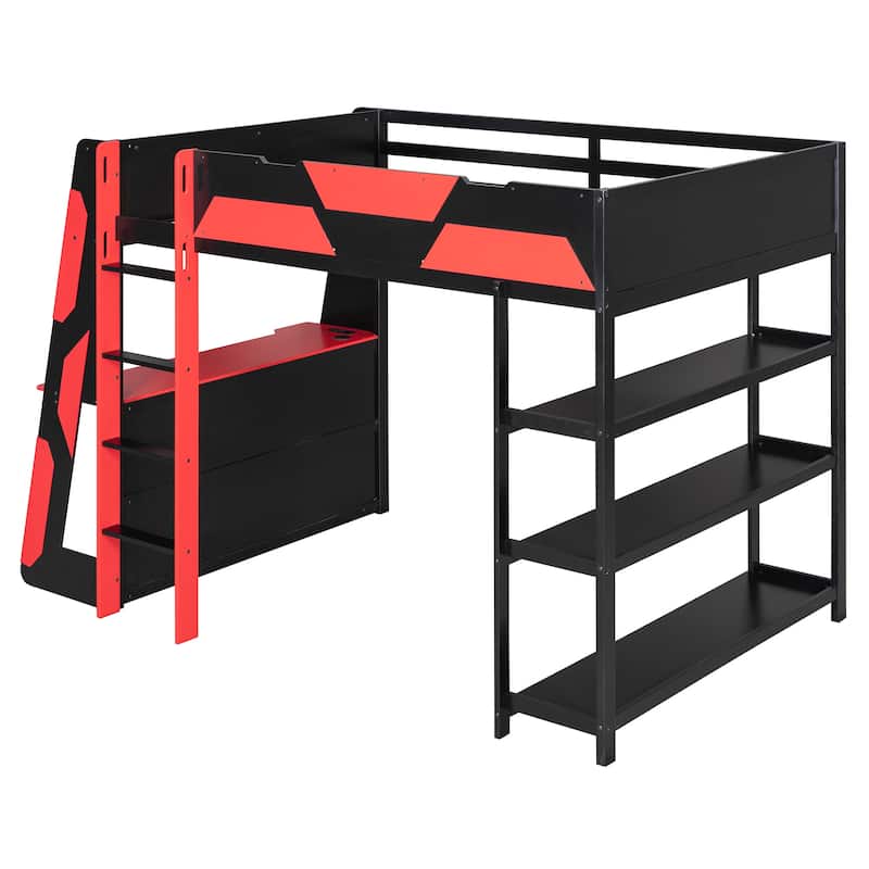 Full Size Gaming Loft Bed Station with Desk, Storage Shelves & RGB LED Lights