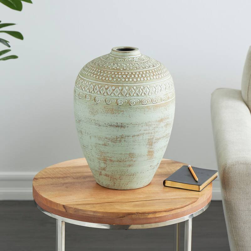 Green Ceramic Handmade Antique Style Decorative Vase with Geometric Tribal Carvings - Green