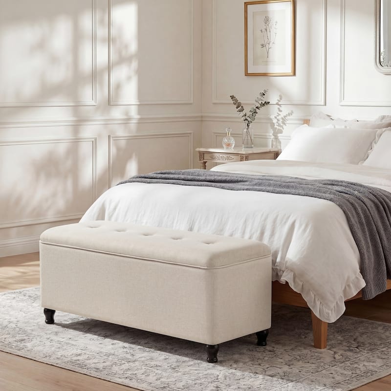 Adeco 41" Rectangle Linen Storage Ottoman Bench For Living room - 41.3"X17.3"X19.1" - Off-White-Linen