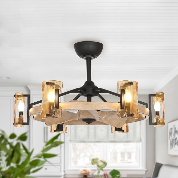 42" Vintage 3-Light Chandelier Reversible Wood Blades Ceiling Fans Pendant Light 