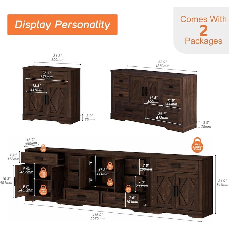 Large TV Stand,3/4-in-1 Farmhouse TV Console Table with Storage Barn Door Cabinet
