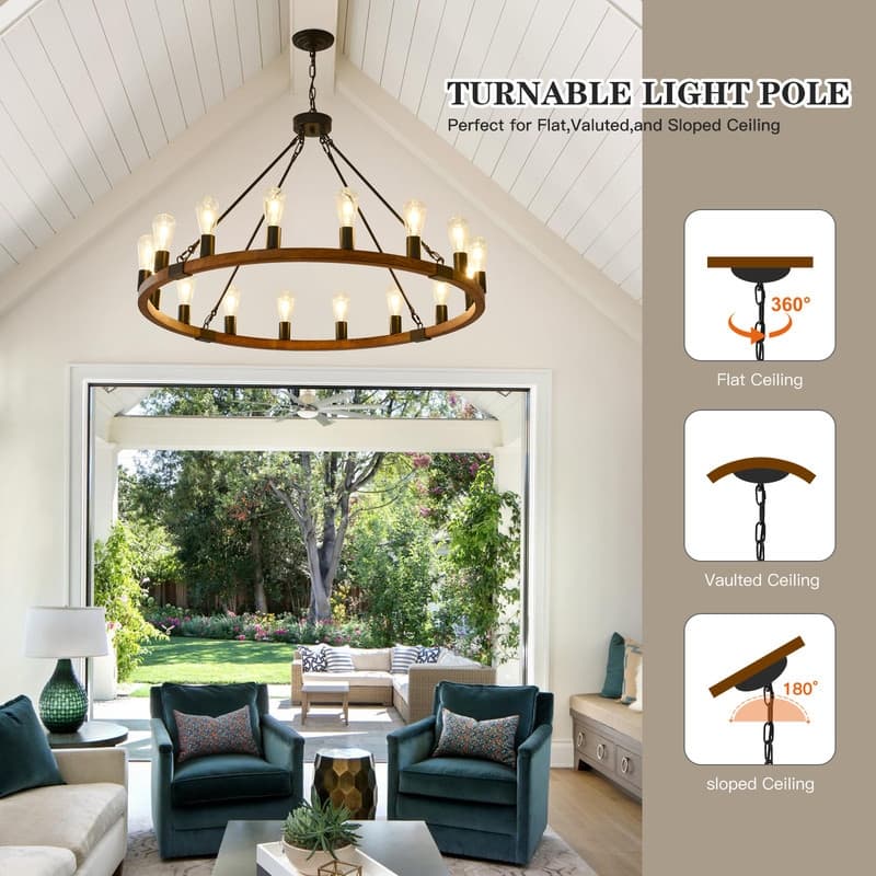 Farmhouse Wagon Wheel Chandelier - Rustic Wood & Metal Adjustable Pendant Light for Dining Rooms, Kitchens & Entryways