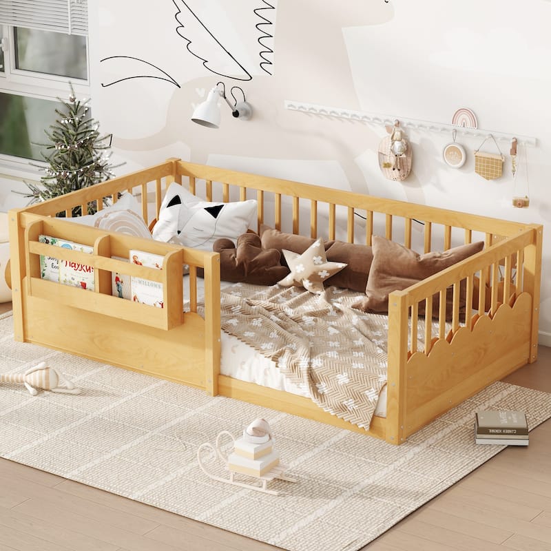 Montessori Floor Bed Kids Bed Frame with Heightened Fence and Bookshelf, Wavy Decoration Wood Platform Bed, No Slats Design - Natural - Twin