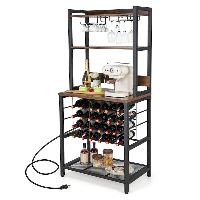 Costway Wine Bar Cabinet with 4 Tier Storage Shelves Glass Holders - See Details - Brown, Black - See Details
