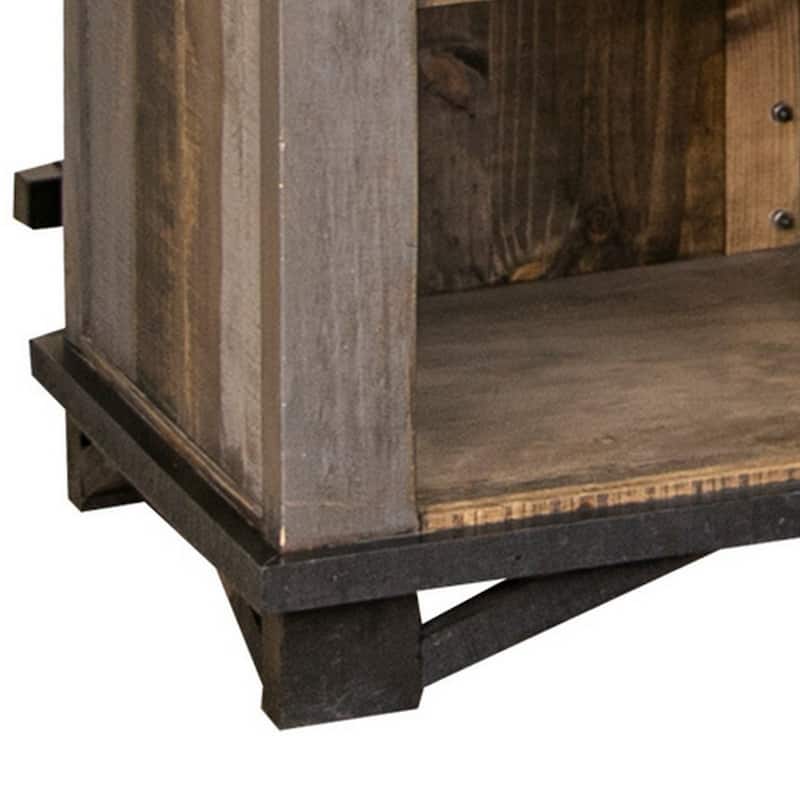 Linn 76 inch Bar Cabinet, 2 Drawers, Barn Doors, Brown, Gray Pine Wood