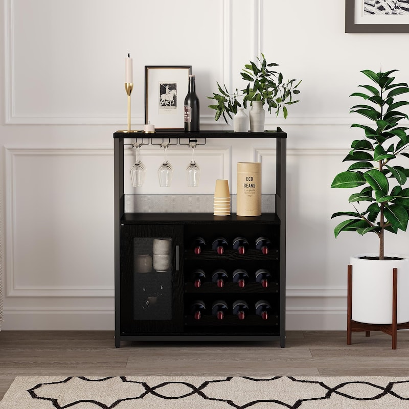 3-Tier Wine Bar Cabinet with Storage, Wine Rack & Glass Holder, Small Liquor Cabinet for Home, Black Corner Storage with Shelves