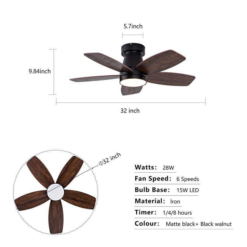 32 Inch Modern Black Ceiling Fan With Light 3 Solid Wood Blades Remote Control Reversible DC Motor With Dimmable LED