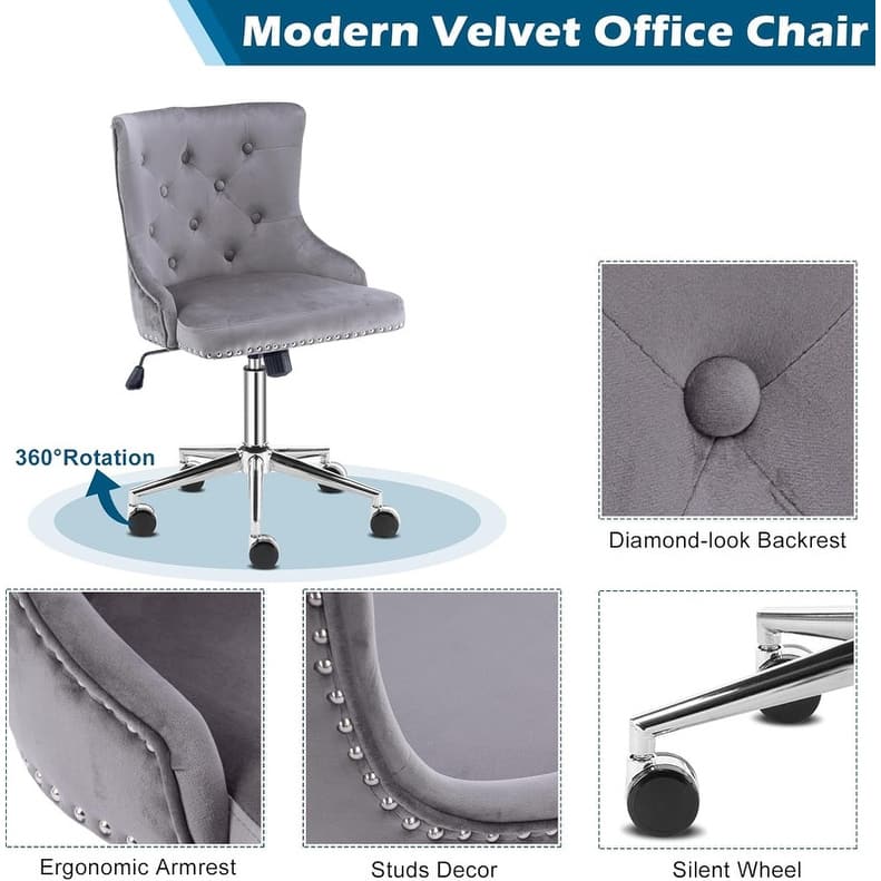 VINGLI Pink Velvet Office Chair with Wheels