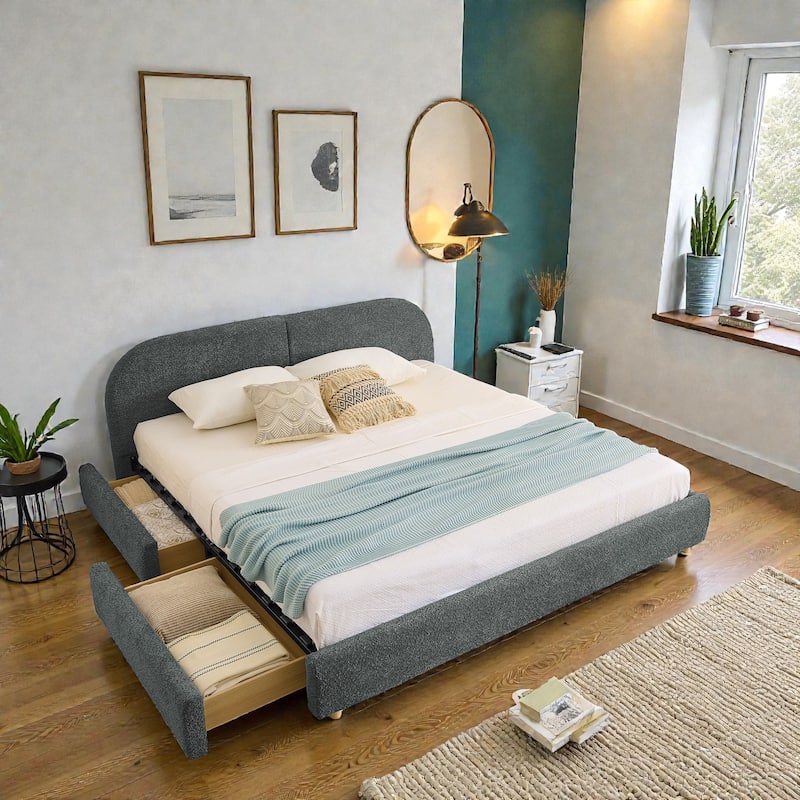 Upholstered Bed Frame with Tall Curved Headboard and Storage Drawers, Modern Minimalist Platform Bed No Box Spring