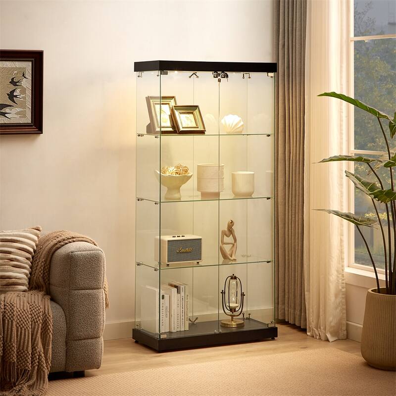 4-Tier Double Door Glass Display Cabinet, Four Partitions, Two Locks