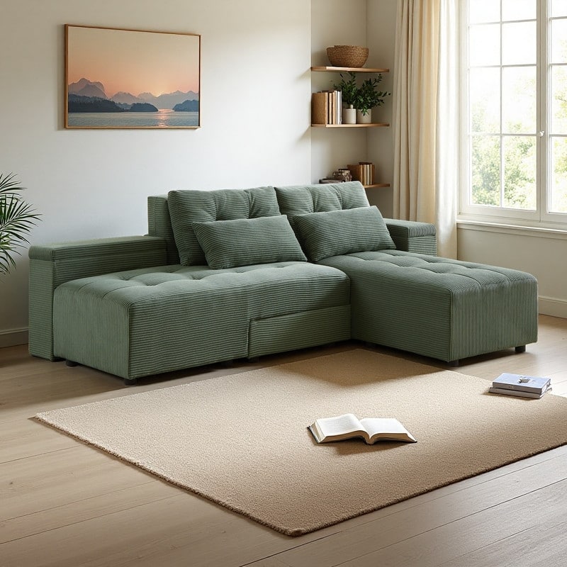 94" Corduroy 3-in-1 Convertible Sectional Sofa with 4 Storage Spaces and 4 Pillows - Army Green