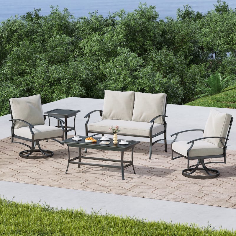 DREAMSIDEA Outdoor Furniture Conversation Patio Set - Swivel Chair - Beige Loveseat Set/5 Piece
