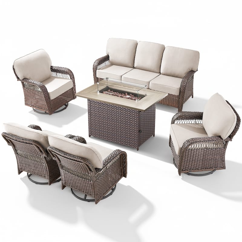 Pocassy Outdoor Fire Pit Table with Swivel Chair Sofa Ottoman Set.