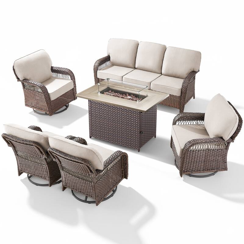 Pocassy Patio Sofa Ottoman Swivel Chair Table with Fire Table Set.