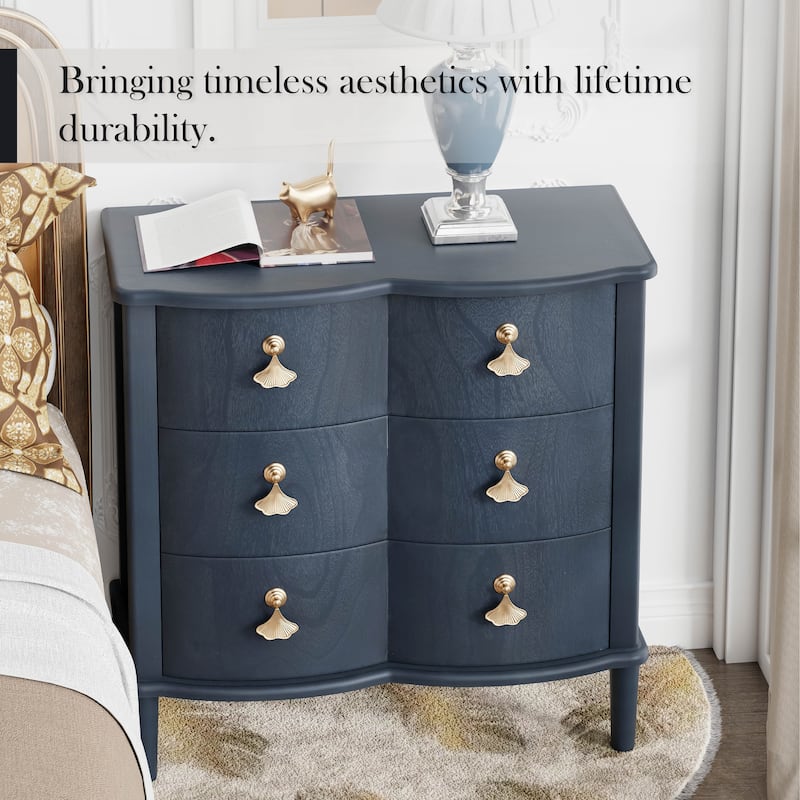 COZAYH Dark Blue 3-Drawer Dresser with Gold Leaf Handles, Vintage Curved Front