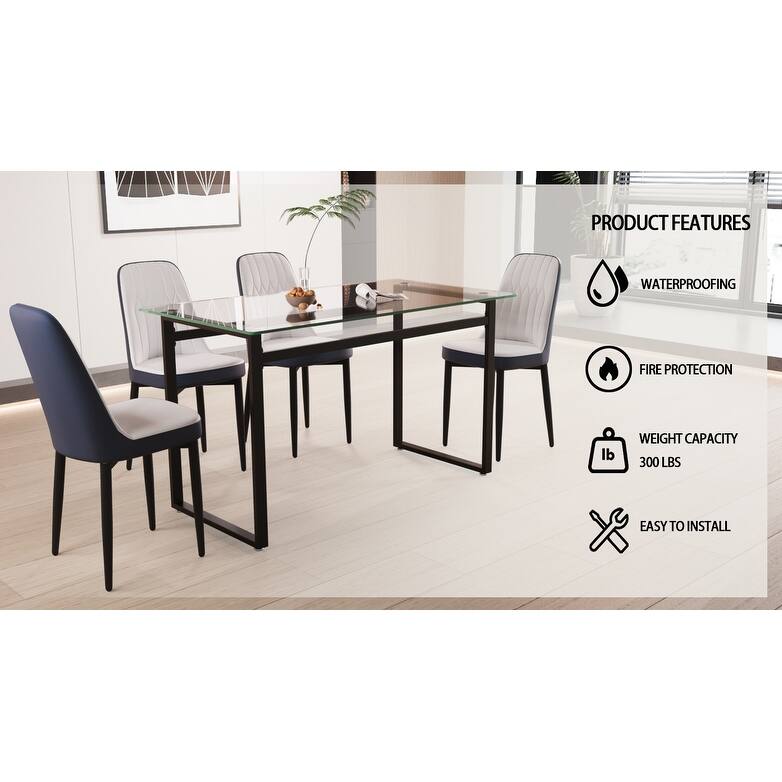 Modern Dining Set with Rectangular Glass Table & PU Upholstered Chairs