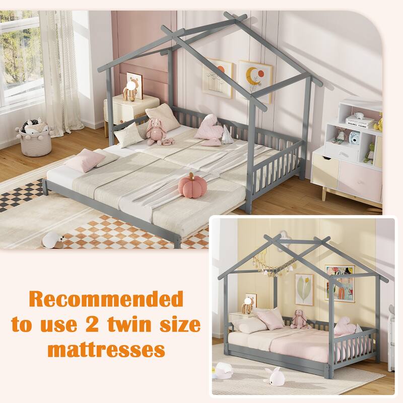 Gymax Wooden House Bed Twin to King Daybed w/ Safety Rails & Decorable