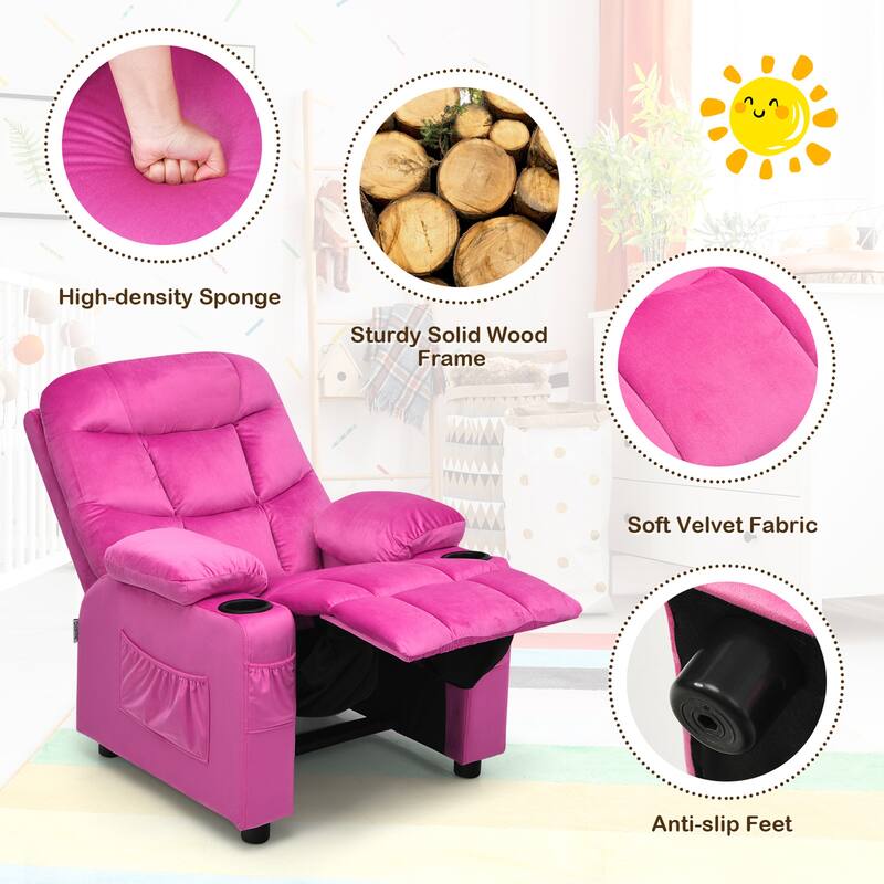 Gymax Kids Youth Recliner Chair Velvet Fabric w/Cup Holder & Side
