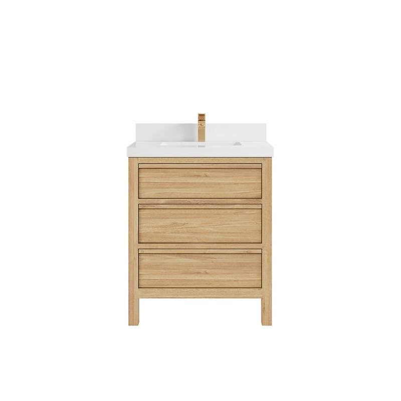 Willow Collections 30 in. W x 22 in. D Elizabeth Solid Teak Wodd Single Sink Bathroom Vanity with Countertop - 2" White Quartz - Light Natural Teak