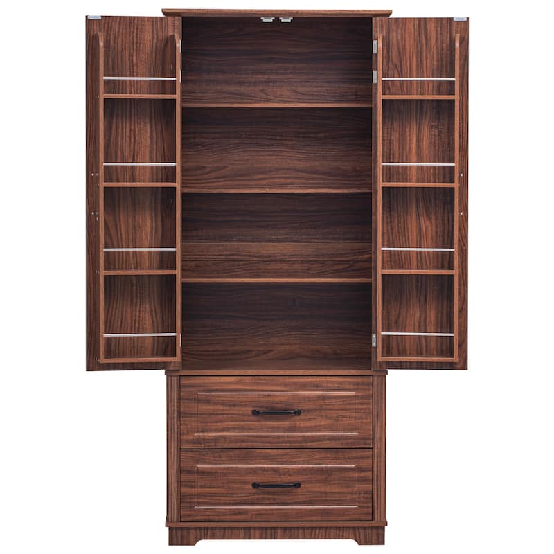 Large Kitchen Pantry Cabinet with 2 Drawers, 71" Wood Freestanding Cupboard Cabinet with 8 Door Shelves, 3 Cabinet Shelves