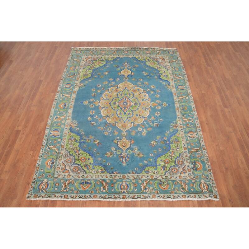 Hand Knotted Oriental 100% Wool Carpet Traditional Floral Navy Blue & Blues Tabriz Area Rug - 9' 2'' X 6' 8''