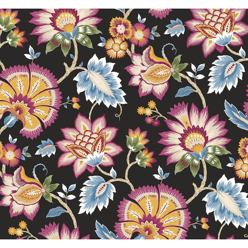 NextWall Jacobean Blossom Floral Peel and Stick Wallpaper - 27 in. W x 18 ft. L - Cosmic Black