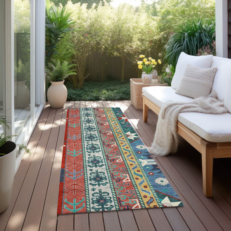 Machine Washable Indoor/ Outdoor Boho Tribal Chantille Rug - Red - 2'3" x 7'6"