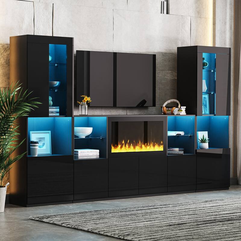 High Gloss 67" TV Stand with Non-Heated Electric Fireplace and Tempered Glass Shelves for 75" TVs - Black
