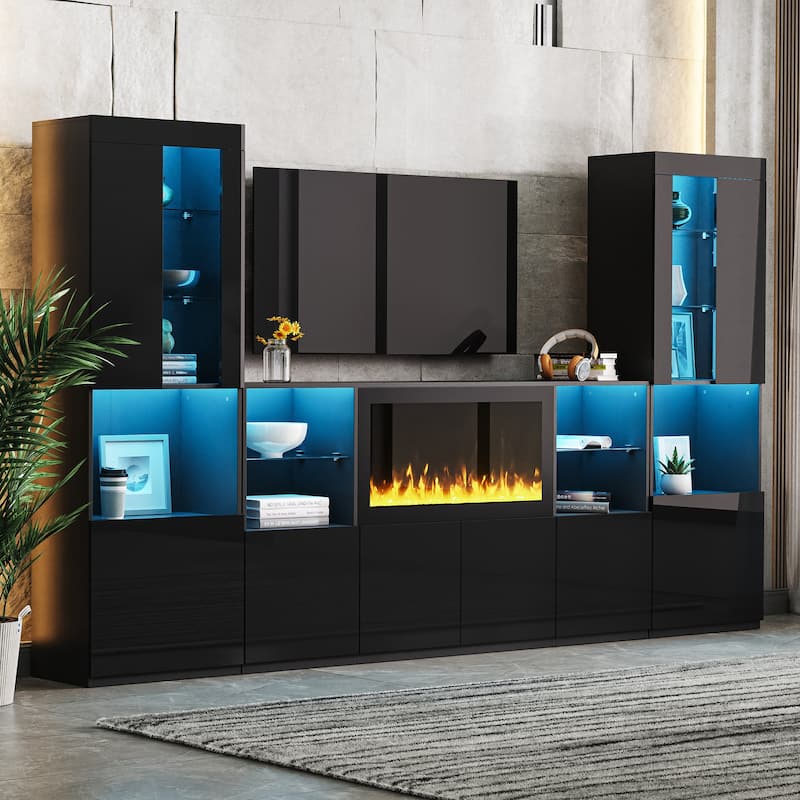 TV Stand with 34.2" Non-heating Electric Fireplace,Entertainment Center with LED Light,Tempered Glass Shelves for TVs up to 75" - Black