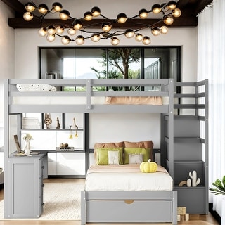Integrated Study Space Full Over Twin Bunk Bed With Desk, Drawers And Shelves