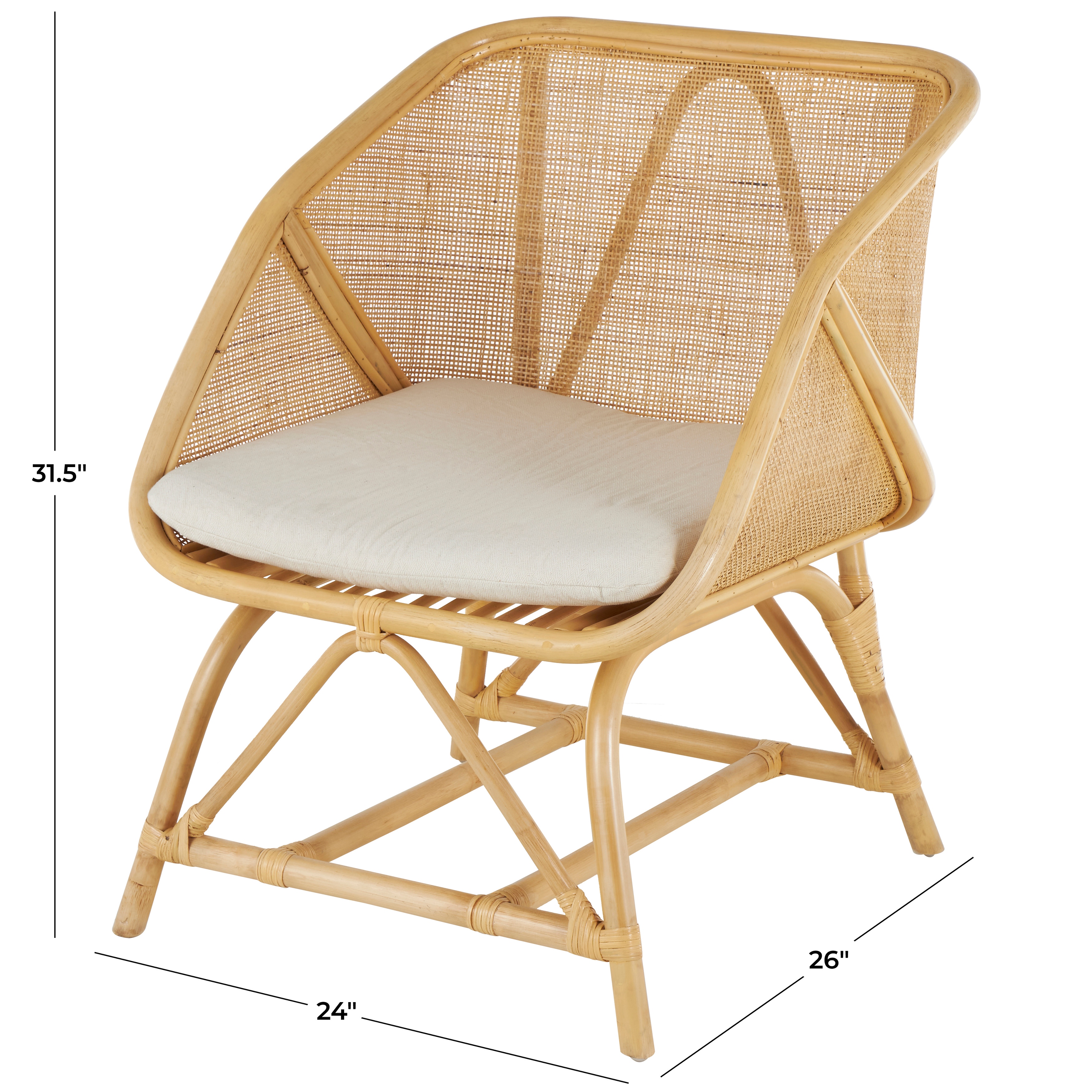 Light Brown Rattan Woven Squared Living Room Accent Chair with White Fabric Cushion