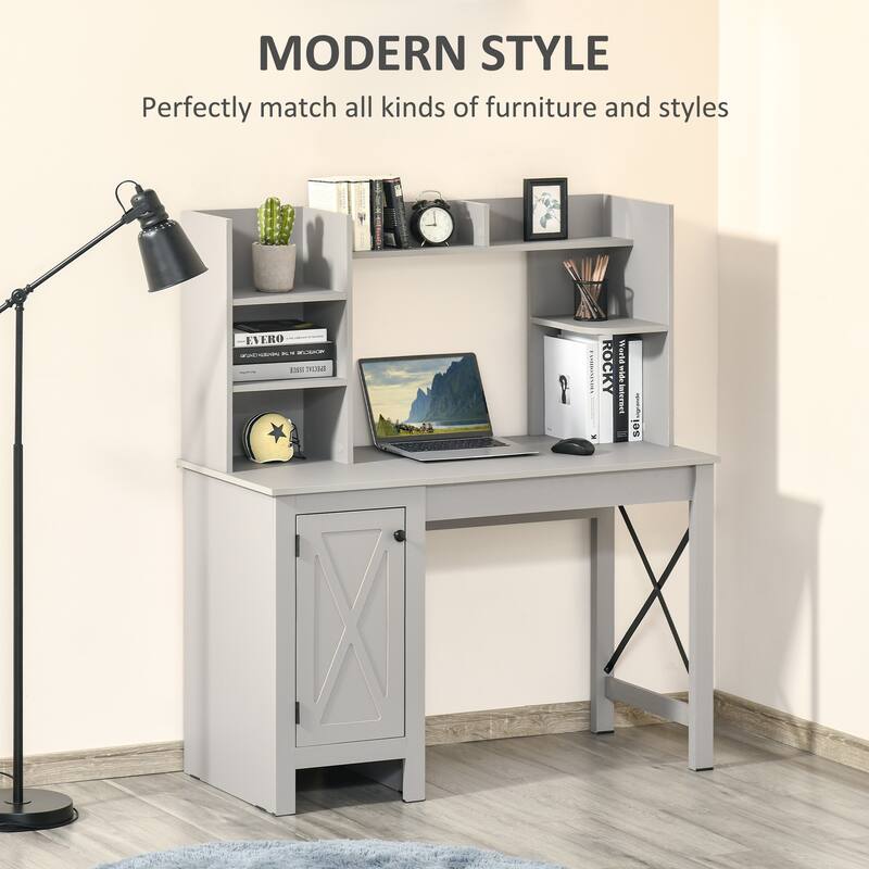 47" Farmhouse Style Writing Desk with Hutch, Cabinet, and Open Shelves for Home Office, Study