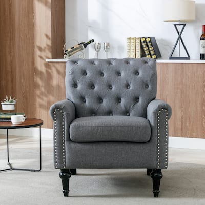 Tufted Upholstered Armchairs Livingroom Linen Fabric Accent Chairs, Dark Gray