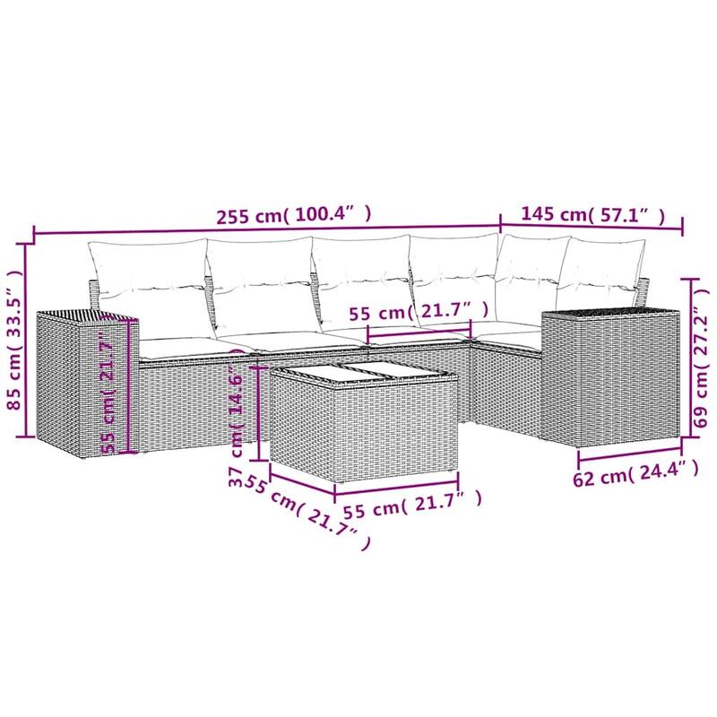 vidaXL 5/6 Piece Patio Sofa Set with Cushions Gray/Brown/Black Poly Rattan - 24.4" x 24.4" x 27.2"