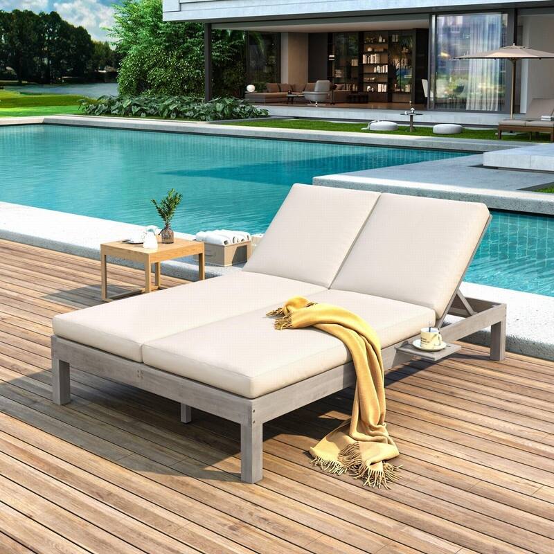 Acacia Wood Double Outdoor Chaise Lounge with 5-Position Adjustable Backrest - Grey