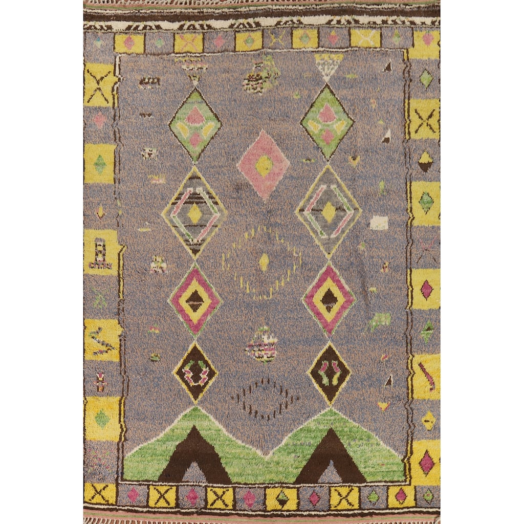 Gray Plush Geometric Moroccan Area Rug Hand-Knotted Wool Carpet - 9'0" x 12'7"