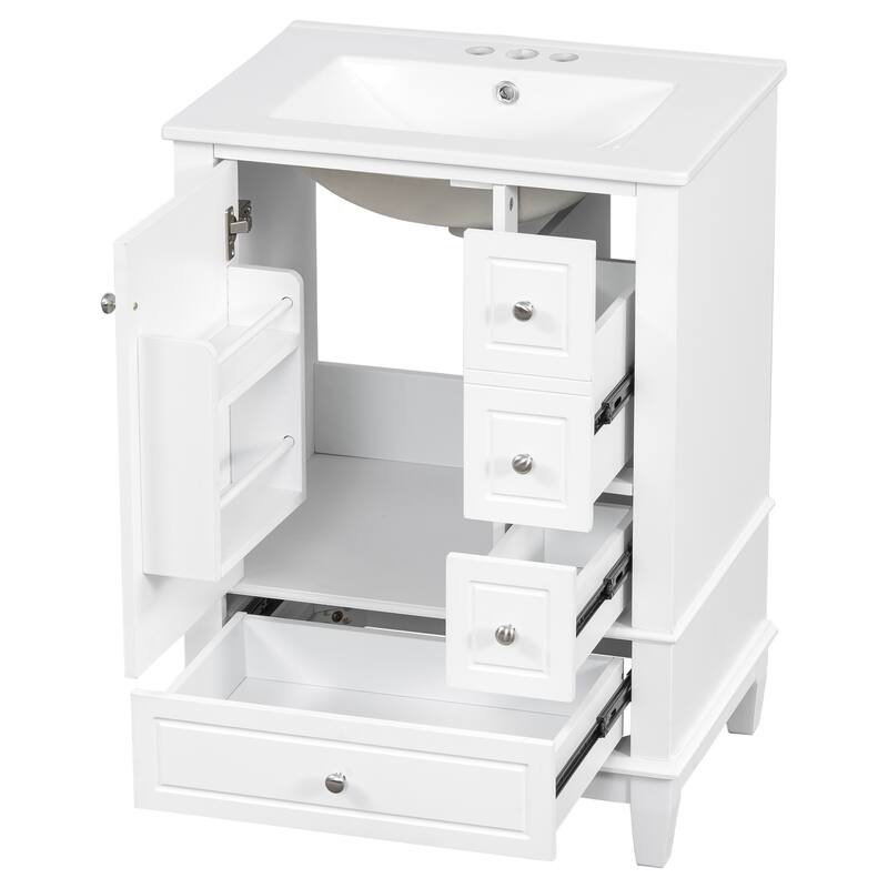 24" Freestanding Bathroom Vanity with Sink - Ceramic Top, Drawers & Shelves, MDF & Solid Wood Base, for Small Bathrooms