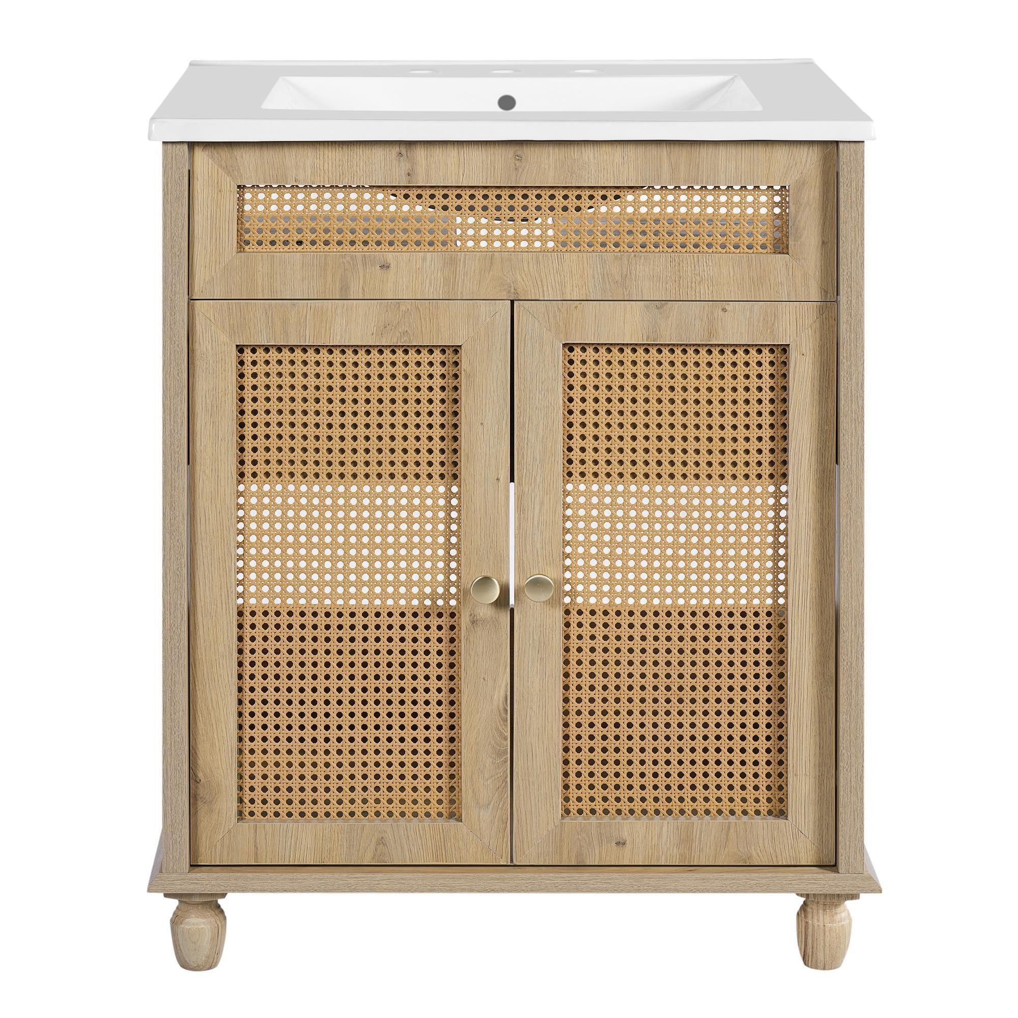 Rustic Farmhouse 30" Bathroom Vanity,Handwoven Rattan Doors
