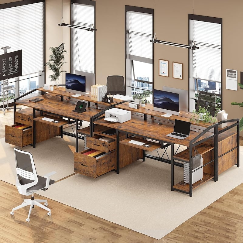 LED Computer Desk With Lock Drawers Keyboard Tray Power Outlet