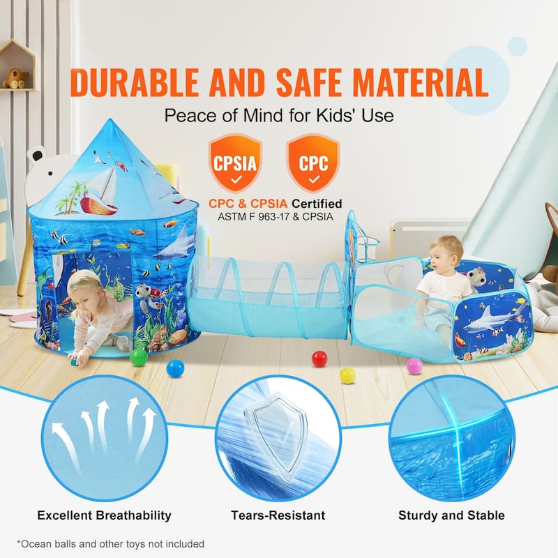 Kids Play Tent with Tunnel, Basketball Hoop for Boys, Girls, Babies and Toddlers, Indoor/Outdoor Pop Up Playhouse