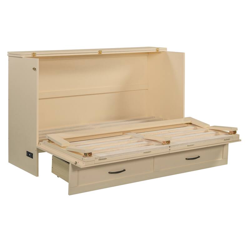 Foldable Rattan Murphy Bed with Storage Large Drawer and USB