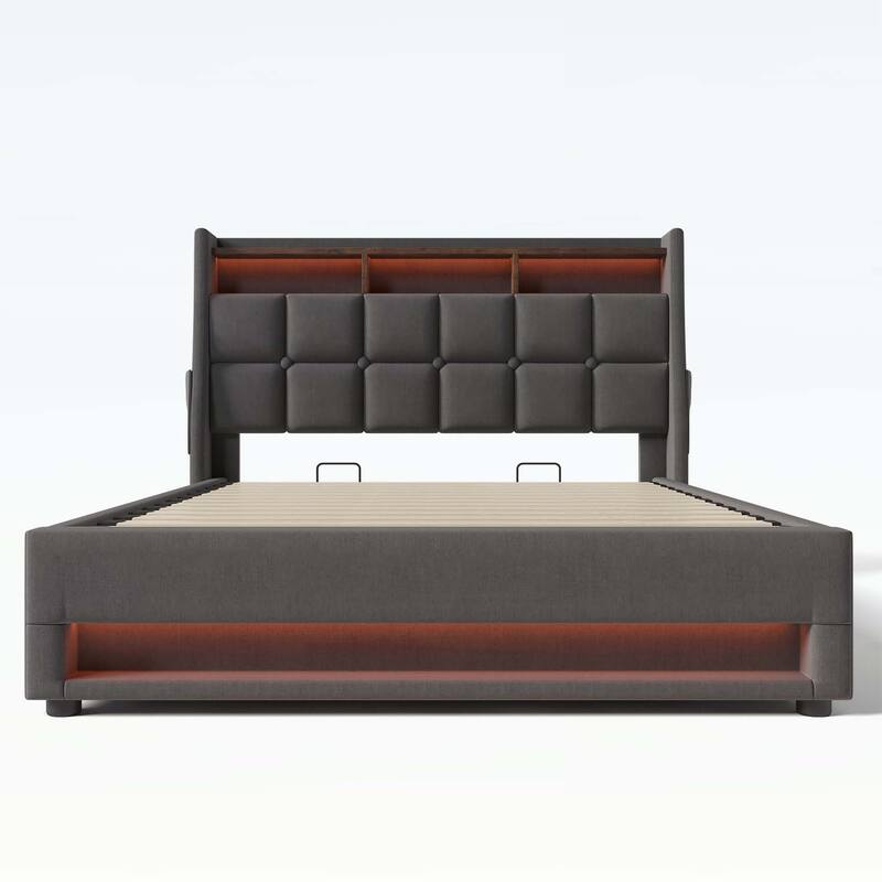 Vintage Design Platform Bed with Hydraulic Storage,LED, and USB Charging,(Mattress Not Included)
