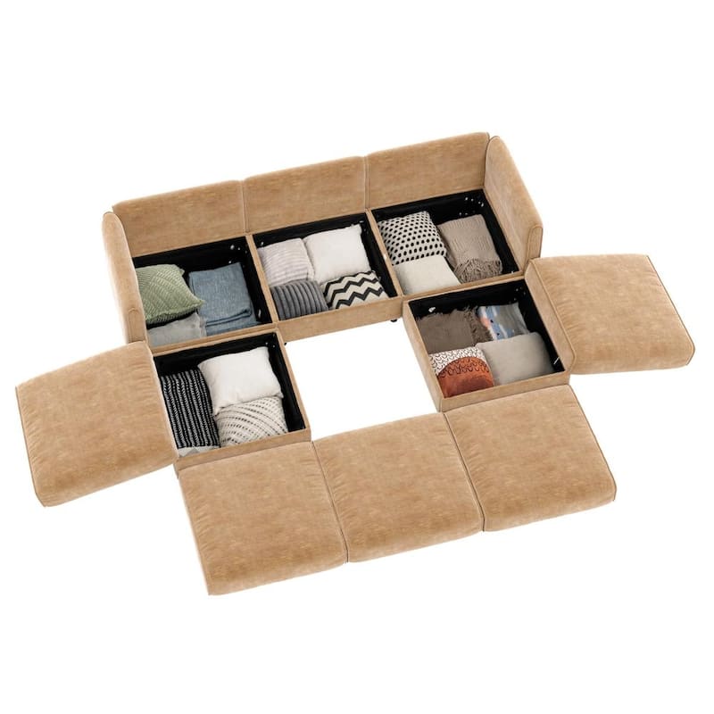 Modern 3-seater Chenille Sectional Sofa with Hidden Storage Seats & Ottoman